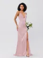 Sheath/Column Silk Like Satin Ruched V-neck Sleeveless Sweep/Brush Train Bridesmaid Dresses
