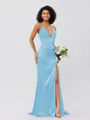 Sheath/Column Silk Like Satin Ruched V-neck Sleeveless Sweep/Brush Train Bridesmaid Dresses