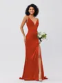 Sheath/Column Silk Like Satin Ruched V-neck Sleeveless Sweep/Brush Train Bridesmaid Dresses