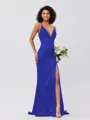 Sheath/Column Silk Like Satin Ruched V-neck Sleeveless Sweep/Brush Train Bridesmaid Dresses