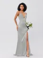 Sheath/Column Silk Like Satin Ruched V-neck Sleeveless Sweep/Brush Train Bridesmaid Dresses