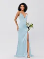 Sheath/Column Silk Like Satin Ruched V-neck Sleeveless Sweep/Brush Train Bridesmaid Dresses