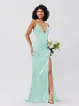 Sheath/Column Silk Like Satin Ruched V-neck Sleeveless Sweep/Brush Train Bridesmaid Dresses
