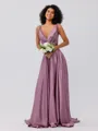 A-Line/Princess Silk like Satin Ruffles V-neck Sleeveless Sweep/Brush Train Bridesmaid Dresses