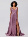 A-Line/Princess Silk like Satin Ruffles V-neck Sleeveless Sweep/Brush Train Bridesmaid Dresses