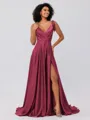 A-Line/Princess Silk like Satin Ruffles V-neck Sleeveless Sweep/Brush Train Bridesmaid Dresses