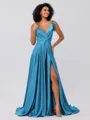 A-Line/Princess Silk like Satin Ruffles V-neck Sleeveless Sweep/Brush Train Bridesmaid Dresses