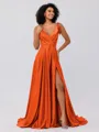 A-Line/Princess Silk like Satin Ruffles V-neck Sleeveless Sweep/Brush Train Bridesmaid Dresses