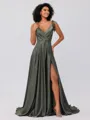 A-Line/Princess Silk like Satin Ruffles V-neck Sleeveless Sweep/Brush Train Bridesmaid Dresses