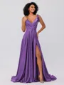 A-Line/Princess Silk like Satin Ruffles V-neck Sleeveless Sweep/Brush Train Bridesmaid Dresses