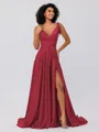 A-Line/Princess Silk like Satin Ruffles V-neck Sleeveless Sweep/Brush Train Bridesmaid Dresses