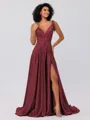 A-Line/Princess Silk like Satin Ruffles V-neck Sleeveless Sweep/Brush Train Bridesmaid Dresses