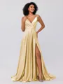 A-Line/Princess Silk like Satin Ruffles V-neck Sleeveless Sweep/Brush Train Bridesmaid Dresses