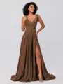 A-Line/Princess Silk like Satin Ruffles V-neck Sleeveless Sweep/Brush Train Bridesmaid Dresses