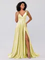 A-Line/Princess Silk like Satin Ruffles V-neck Sleeveless Sweep/Brush Train Bridesmaid Dresses