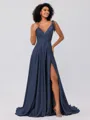 A-Line/Princess Silk like Satin Ruffles V-neck Sleeveless Sweep/Brush Train Bridesmaid Dresses