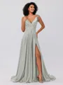 A-Line/Princess Silk like Satin Ruffles V-neck Sleeveless Sweep/Brush Train Bridesmaid Dresses