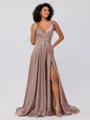 A-Line/Princess Silk like Satin Ruffles V-neck Sleeveless Sweep/Brush Train Bridesmaid Dresses