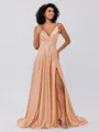 A-Line/Princess Silk like Satin Ruffles V-neck Sleeveless Sweep/Brush Train Bridesmaid Dresses
