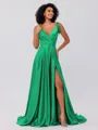 A-Line/Princess Silk like Satin Ruffles V-neck Sleeveless Sweep/Brush Train Bridesmaid Dresses
