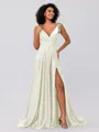 A-Line/Princess Silk like Satin Ruffles V-neck Sleeveless Sweep/Brush Train Bridesmaid Dresses