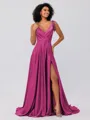 A-Line/Princess Silk like Satin Ruffles V-neck Sleeveless Sweep/Brush Train Bridesmaid Dresses