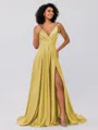A-Line/Princess Silk like Satin Ruffles V-neck Sleeveless Sweep/Brush Train Bridesmaid Dresses