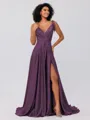 A-Line/Princess Silk like Satin Ruffles V-neck Sleeveless Sweep/Brush Train Bridesmaid Dresses