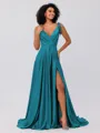 A-Line/Princess Silk like Satin Ruffles V-neck Sleeveless Sweep/Brush Train Bridesmaid Dresses