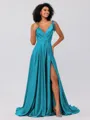 A-Line/Princess Silk like Satin Ruffles V-neck Sleeveless Sweep/Brush Train Bridesmaid Dresses