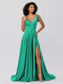 A-Line/Princess Silk like Satin Ruffles V-neck Sleeveless Sweep/Brush Train Bridesmaid Dresses