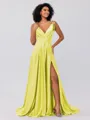 A-Line/Princess Silk like Satin Ruffles V-neck Sleeveless Sweep/Brush Train Bridesmaid Dresses
