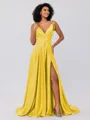 A-Line/Princess Silk like Satin Ruffles V-neck Sleeveless Sweep/Brush Train Bridesmaid Dresses