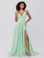A-Line/Princess Silk like Satin Ruffles V-neck Sleeveless Sweep/Brush Train Bridesmaid Dresses