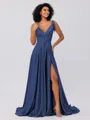 A-Line/Princess Silk like Satin Ruffles V-neck Sleeveless Sweep/Brush Train Bridesmaid Dresses