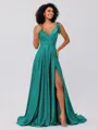 A-Line/Princess Silk like Satin Ruffles V-neck Sleeveless Sweep/Brush Train Bridesmaid Dresses