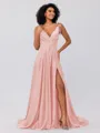 A-Line/Princess Silk like Satin Ruffles V-neck Sleeveless Sweep/Brush Train Bridesmaid Dresses