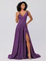 A-Line/Princess Silk like Satin Ruffles V-neck Sleeveless Sweep/Brush Train Bridesmaid Dresses