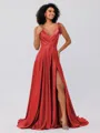 A-Line/Princess Silk like Satin Ruffles V-neck Sleeveless Sweep/Brush Train Bridesmaid Dresses