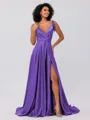 A-Line/Princess Silk like Satin Ruffles V-neck Sleeveless Sweep/Brush Train Bridesmaid Dresses