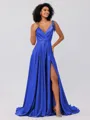 A-Line/Princess Silk like Satin Ruffles V-neck Sleeveless Sweep/Brush Train Bridesmaid Dresses