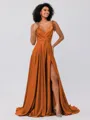 A-Line/Princess Silk like Satin Ruffles V-neck Sleeveless Sweep/Brush Train Bridesmaid Dresses