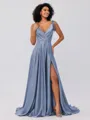 A-Line/Princess Silk like Satin Ruffles V-neck Sleeveless Sweep/Brush Train Bridesmaid Dresses
