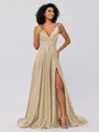 A-Line/Princess Silk like Satin Ruffles V-neck Sleeveless Sweep/Brush Train Bridesmaid Dresses