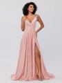 A-Line/Princess Silk like Satin Ruffles V-neck Sleeveless Sweep/Brush Train Bridesmaid Dresses