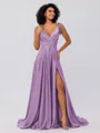 A-Line/Princess Silk like Satin Ruffles V-neck Sleeveless Sweep/Brush Train Bridesmaid Dresses