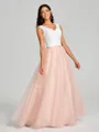 A-Line/Princess V-neck Floor-Length Sleeveless Tulle Bridesmaid Dress