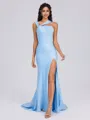 Sheath Halter Pleated Sweep Train Charmeuse Bridesmaid Dress