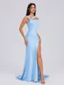 Sheath Halter Pleated Sweep Train Charmeuse Bridesmaid Dress