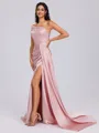 Sheath One-Shoulder Pleated Sweep Train Silk Like Satin Bridesmaid Dress